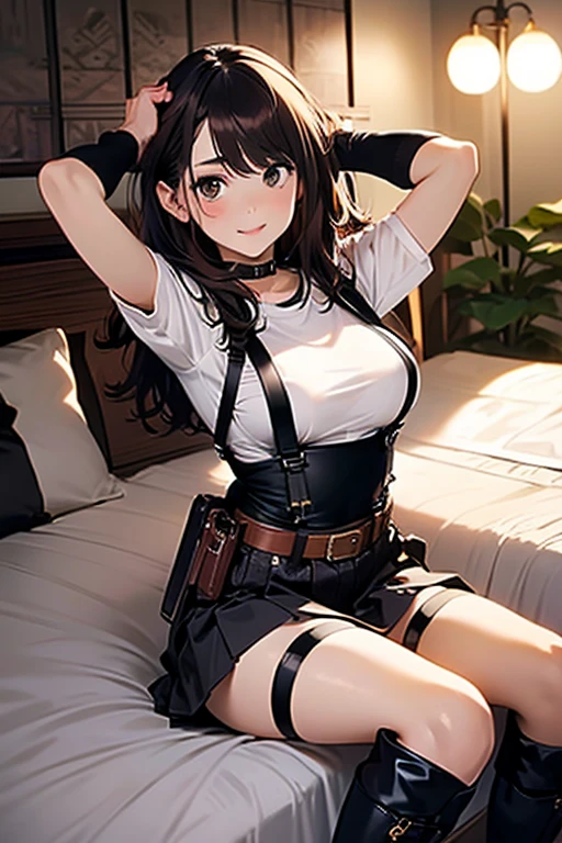 (Make the subject look three-dimensional with the contrast of light and shadow),Cute and beautiful 22yo girl,(masterpiece:1.2), best quality, high resolution, unity 8k wallpaper, (illustration:0.8), (beautiful detailed eyes:1.6), extremely detailed face, perfect lighting, extremely detailed CG, (perfect hands, perfect anatomy),Brown hair,watching at viewers,black suspenders,(Bulging ,big breasts:1.1),tacticul jacet,Black miniskirt,garters,Gaze,Small face,bangss,holster,Belt Armament,Beautuful Women srestrained,hands up,sitting Lying in bed,Leg holster ,Gaze,black boots,panty shot