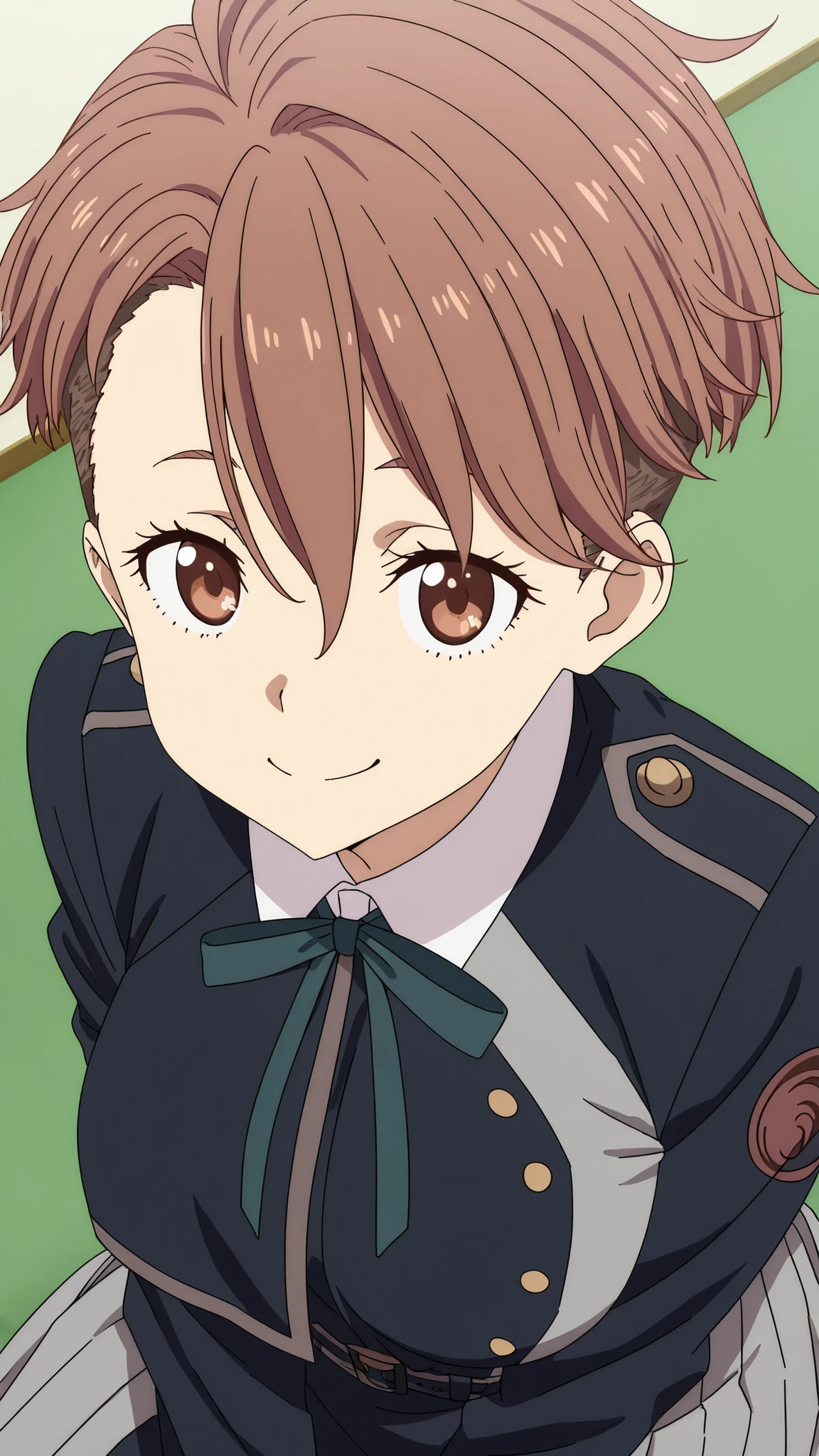 sakura otome,lycoris recoil
High quality , best quality , masterpiece, High Resolution , detailed face( LoRA: sakura),anatomically correct, detailed hair(LoRA: sakura) ,detailed bangs(LoRA: sakura),anime coloring,
solo, 1 girl,
very short hair, bangs, brown hair, brown eyes, medium breasts, undercut, spiked hair,hair between eyes ,
shirt, dress, ribbon, school uniform, white shirt, collared shirt, belt, neck ribbon, blue dress, green ribbon, pleated dress, grey dress, two-tone dress, lycoris uniform,,
close up , looking at viewer ,upper body,from above
Japanese-style room
, smile, ,
,sitting
