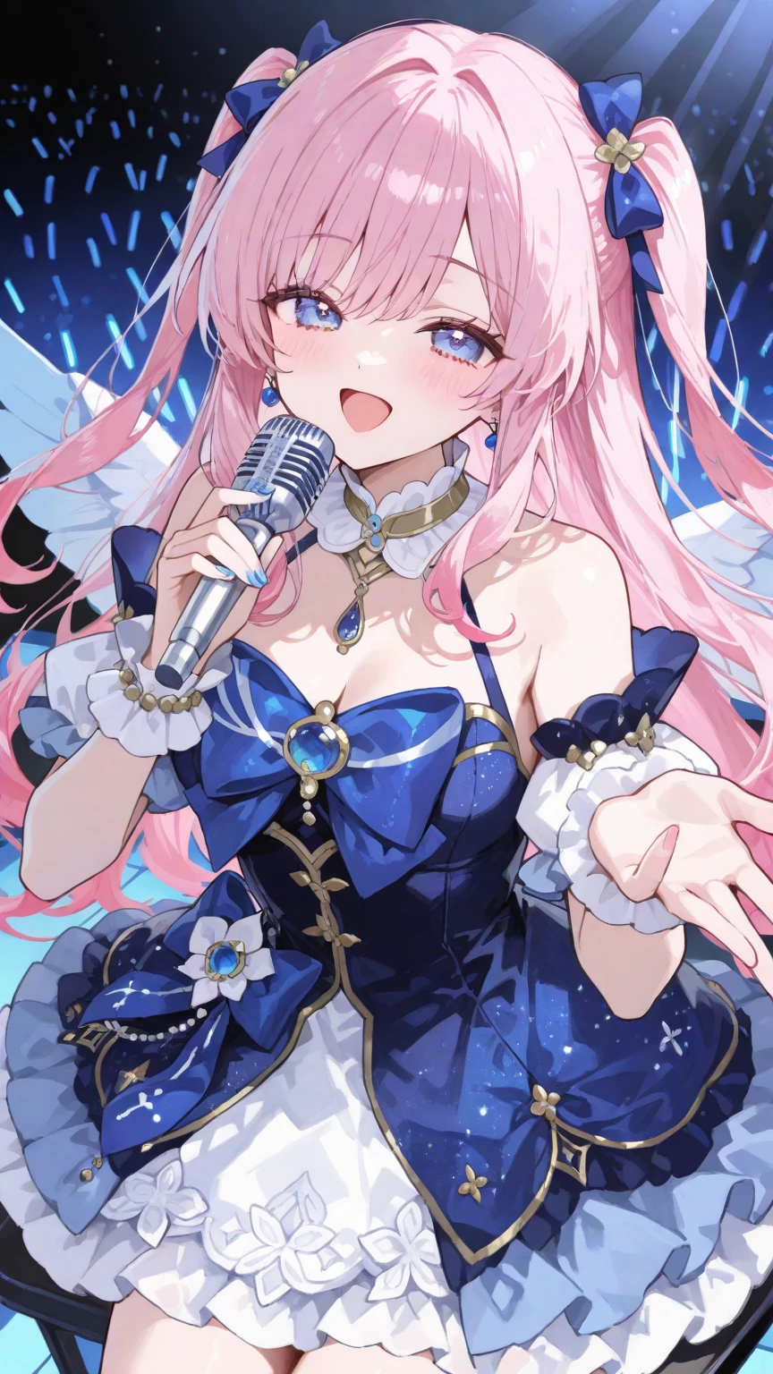 ( high quality , Super detailed, Watch your hands )This character is a beautifully designed anime-like character with delicate features. She has long, pastel pink hair that flows down to her ankles, with bangs swept to the side. Her eyes are large and expressive, with pink irises, which are commonly seen in anime-style characters. She is wearing a fantasy-inspired outfit that combines purple and black colors with gold accents. The outfit includes a form-fitting bodice with a high collar, frills, lace details, and thigh-high stockings with ribbon lacing. The character is adorned with ribbon-like accessories, such as a large bow in her hair and smaller bows on her outfit. She also has gold chains hanging from her waist and thigh. Her pose is playful, with one leg lifted slightly and a finger held to her lips, suggesting a secret or silence. Additionally, she has two elaborate wings, possibly mechanical or magical in nature, with multiple segments and a circular design near the base. The character is depicted in a vibrant scene with flowers matching her hair color, patches of grass, and a gemstone on the ground, creating a whimsical and otherworldly atmosphere.Chibi Character