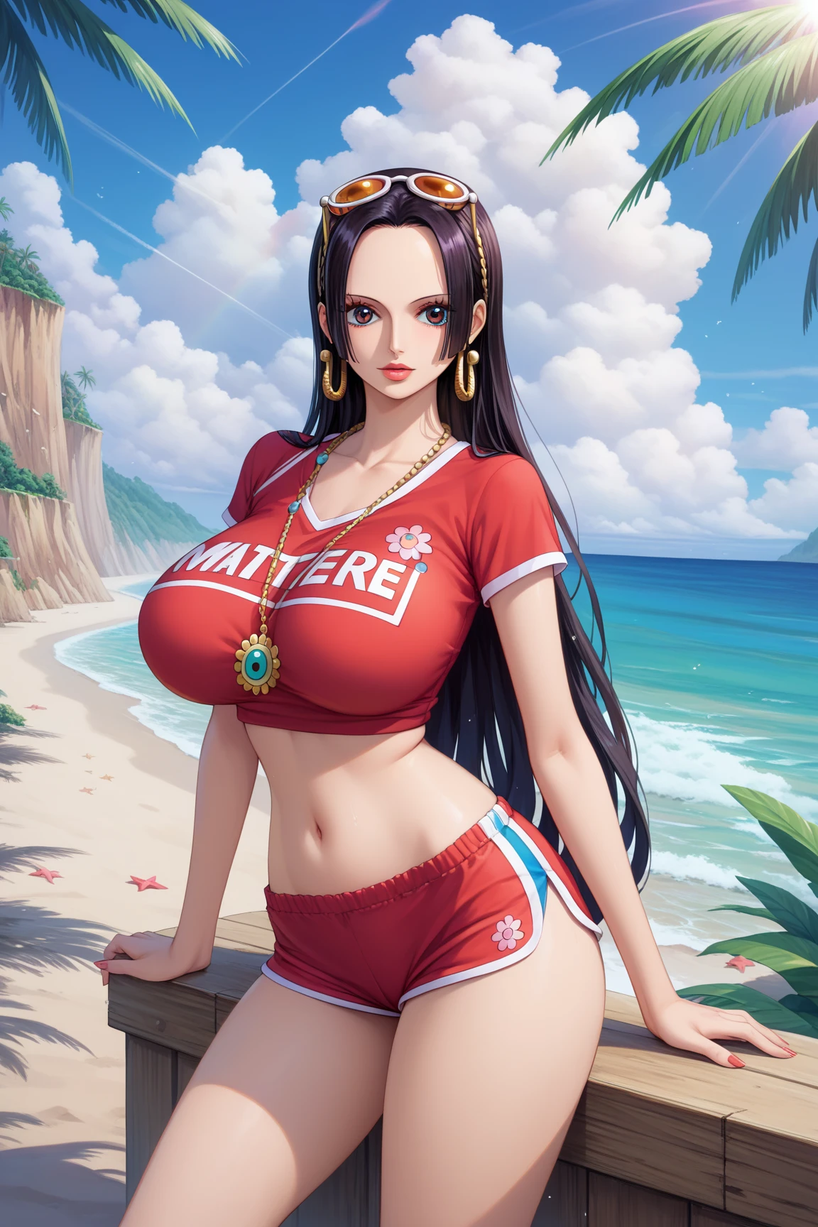 araffe woman with dark shiny black hair, teal eyes, in a red lingerie bra top and tiny revealing blue Jean short shorts, posing on a railing, red bra, red bikini, busty chest, attractive girl, japanese model, hot with shining sun, wearing red attire, sexy look, in bikini, cindy avelino, bikini model, attractive and beautiful, skinny waist and thick hips and thighs, full body shot in bikini, sexy, big breasts