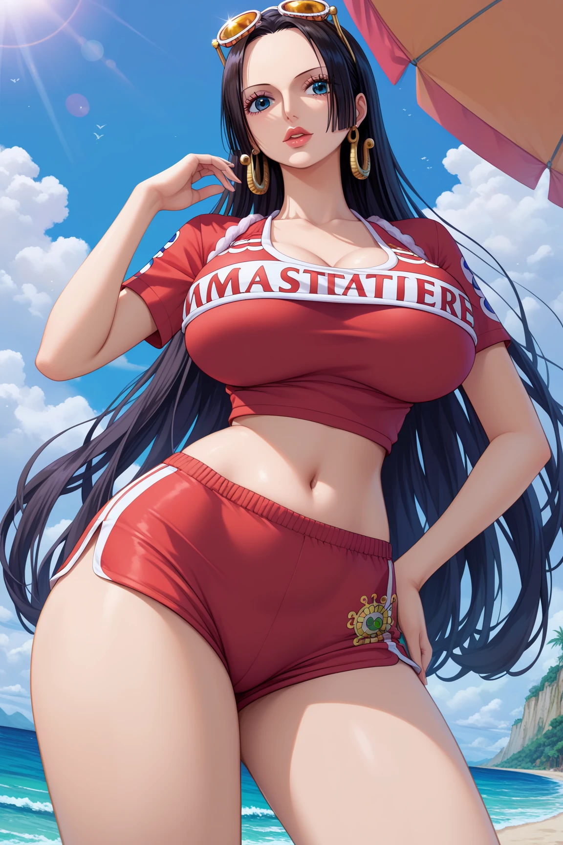 Best quality,tmasterpiece,8k wallpaper,sporty attire,frontal photos,Large breasts,looking at the camera in,Off-the-shoulder attire,Ridiculous resources, A high resolution, ultra - detailed, (1 young beautiful girl, Alone:1.1),Long gray hair, nico robin, black hair color hair, mediuml breasts, (put glasses on head:1.3),septum, navel, sun glasses,sarong, Large breasts, 鎖骨, zippers, Crop top, eBlue eyes, short- sleeved, Hair combed back, Lop, stomach, partial decompression, jaket, Printed sarong,hand on ass,a plant, Eau, Eternal, 废墟,optics_Rays,