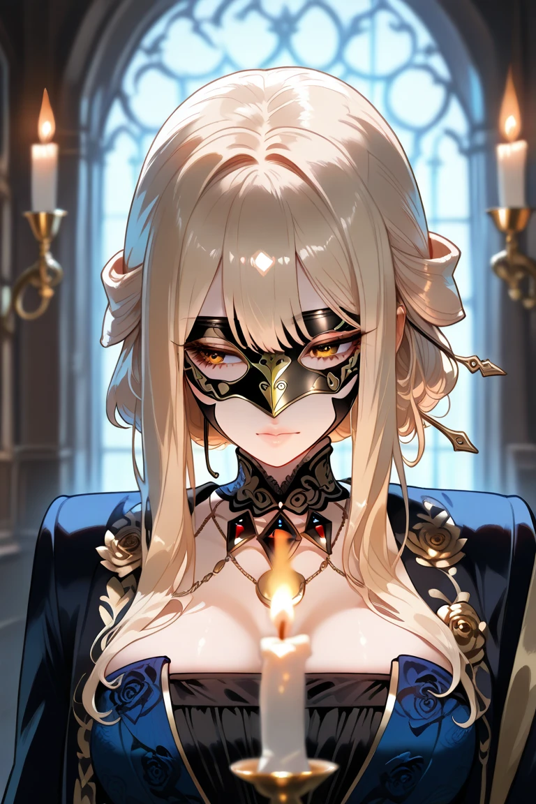 best quality, masterpiece, 4k, 8k, ((an extremely delicate and beautiful)), <lora:Cia-HyruleWarriors-v1.1:0.7>Cia, dark-skinned_female, jester hat, masquerade mask, from above, head tilt, serious, upper body, (((anime))),