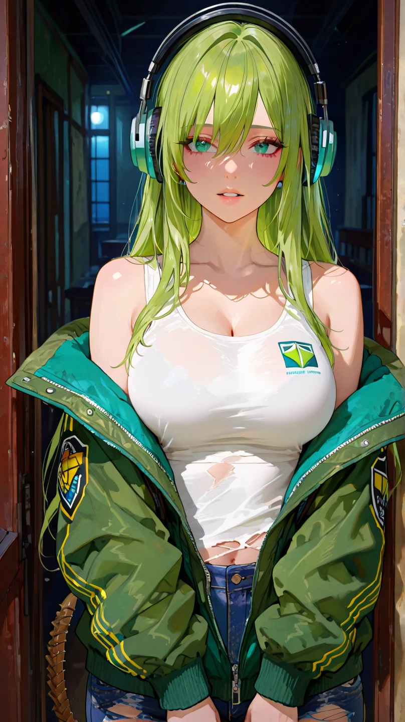 sfw, cool cyber idol、whole body、good style、(hands behind back), (perfect hands)、white shorts、thick legs、Fluorescent Green Hair、cybertruck jacket, wearing bra,((skinny waist)), young asian girl, ((big breasted)),
