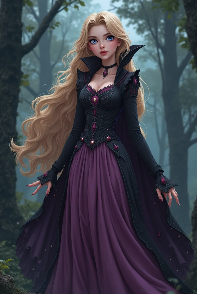 Imagem do filho da Raven Queen e da Apple White de Ever After High: A teenager, with blonde hair, Caucasian skin, blue colored eyes, red and purple outfit with apple and crow elements on the outfit 