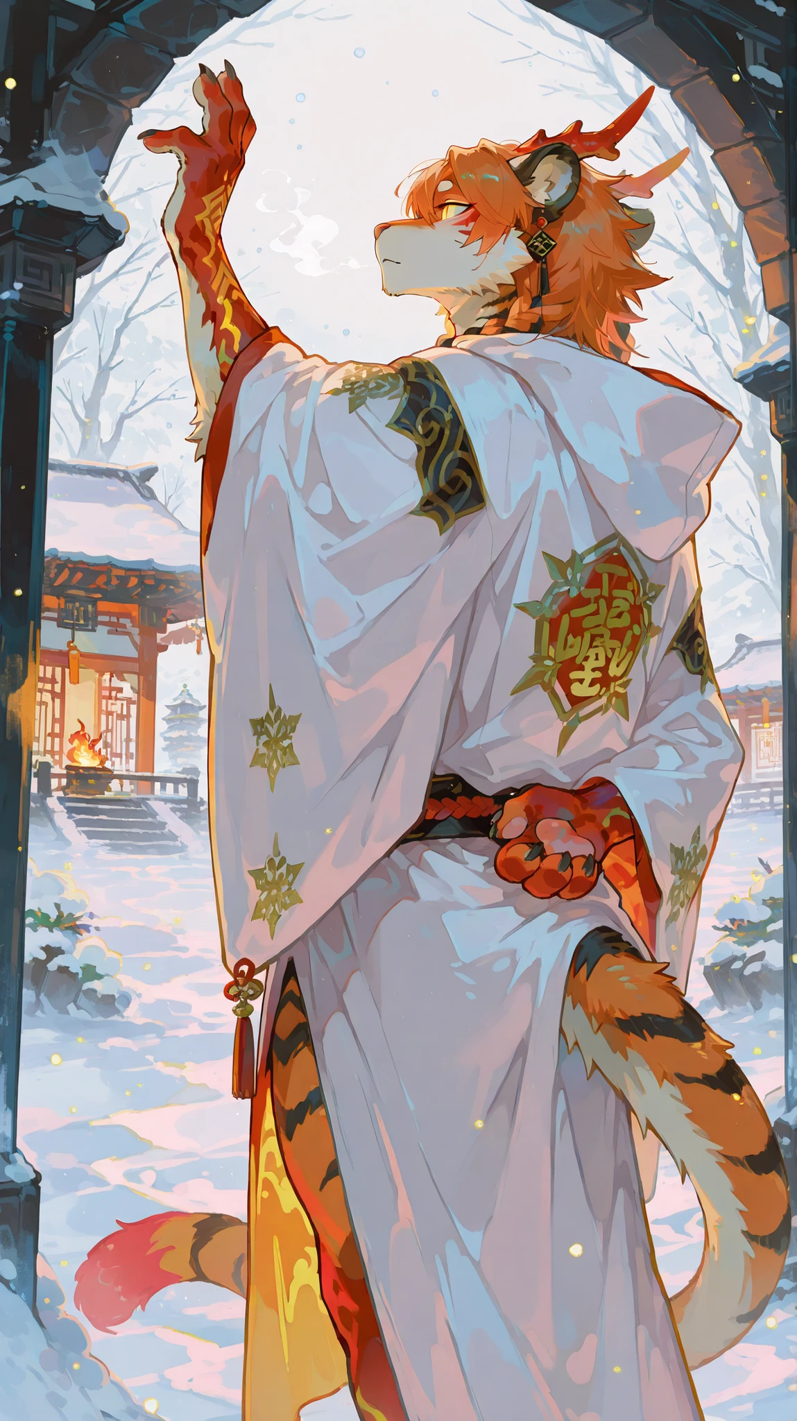 masterpiece, best quality, 8K resolution, HDR,4K resolution, sharp focus, vibrant colors, anime cel-shading style: Semi-realistic anime with detailed furry features, 1 tiger furry male (夕年, Nian Beast, God of Happiness), orange fur with black stripes, black braided hair, spiky cowlick, defined abdominal muscles visible under fur, muscular build and broad shoulders,pink nipples visible through fur, subtle gold nipple piercing on one side, pink paw pads visible on one hand, wearing thick winter clothing (avoiding red colors), wearing a thick white cotton cloak, playfully reaching up with one hand to catch snowflakes (depicted as white dots, pink paw pads visible), the other hand hidden behind back, gentle slightly dazed expression, attempting a cool expression but looking slightly silly, subtle divine aura, soft glow around him, small glowing flowers or light particles floating nearby symbolizing happiness, standing in a heavy snowstorm within a serene Chinese-style garden courtyard during winter daytime, cold breath visible, warm sunlight filtering through snow clouds, gentle snow