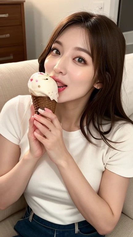 long hair, multiple girls, brown hair, black hair, 2girls, food, tongue, yuri, licking, realistic, ice cream, ice cream cone, underwear, huge breast, nsfw, sexy
<lora:JPGirlEatIceCreamMix1:0.8>