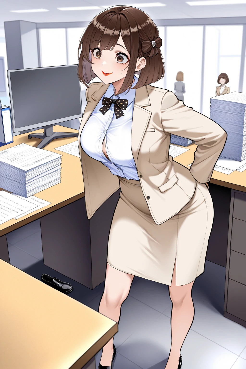 (Highest quality, 8K, 32k, masterpiece, Ultra-high resolution: 1.2), 1 Girl, Beautiful Japanese Woman, thinウエスト, (Gray suit), Open jacket, 魅力的なoffice Lady, suit, (Gray Tight Skirt), office, office, machine, Beautiful Face, Brown Hair, Bob Hair, Saggy eyes, Slender figure,Cleavage, thin, whole body, Detailed expression down to the fingertips,Sexy thighs, One Woman, alone, A charming smile,White panties,Peeking inside the skirt from below,Angle from below,Low - Angle