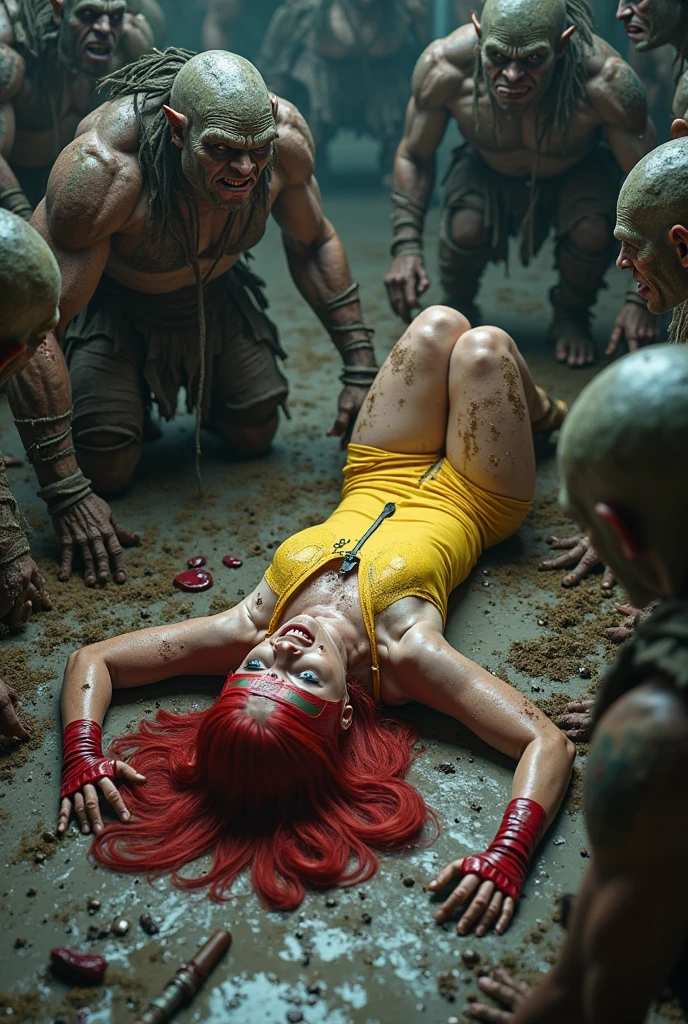 (masterpiece:1.3),(best quality:1.2),8k,absurdres,unity 8k wallpapper,(extremely detailed:1.3),highestres,prison,
1girl, solo, arms up, bondage, angry,chained,tank top, green eyes, ginger hair,