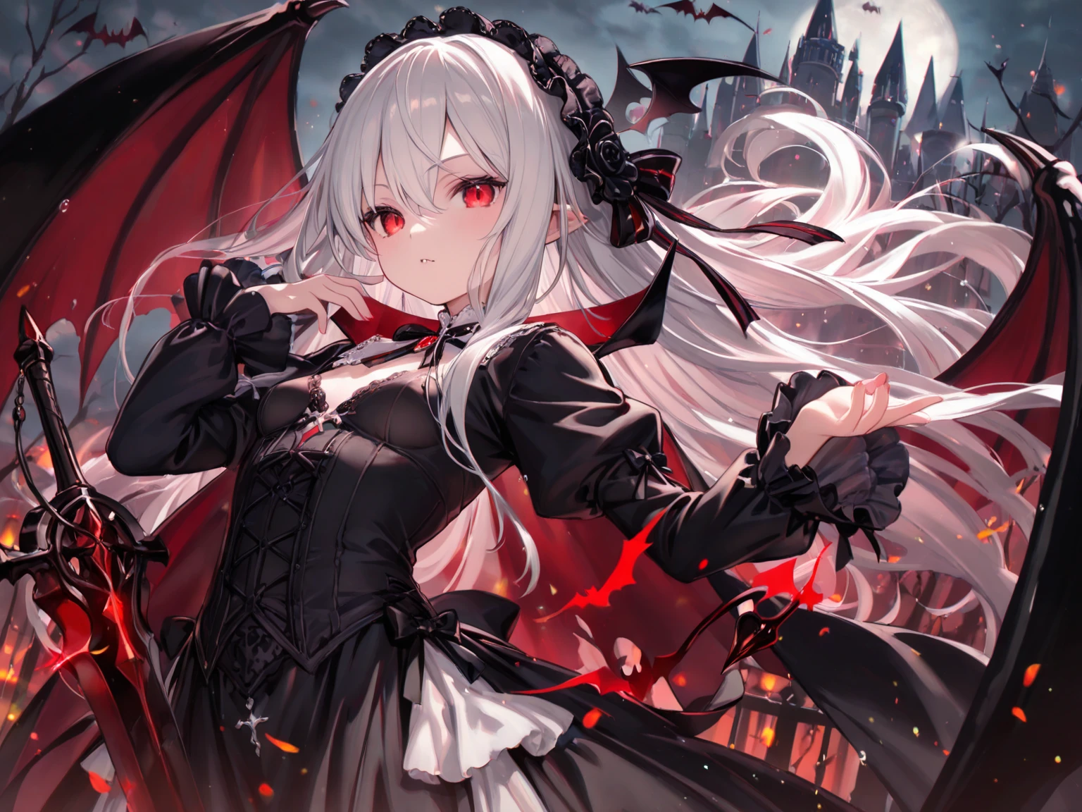 (super detailed)),((illustration)),((masterpiece)),(((need))),((beautifully、最高品质 CG Unity 8K 壁纸masterpiece),((4K,masterpiece,best quality)),woman with pure white hair,scattering,red eyes,vampire,Covered with scars,His hands and feet are tied with chains,collar,,There are bats flying around,barefoot,leg rings,Black and white robes,pure white veil,Rain of blood,blood red sky,There is blood on the face,The white skirt was stained red with blood,Holding a red and white umbrella,A shadow,Ancient and eerie church,Standing above the ruins,There is a pool of red blood under your feet,doomsday scenario,cross,Blood and tears flow from the corners of my eyes,despair,scarlet rose,full body pictures