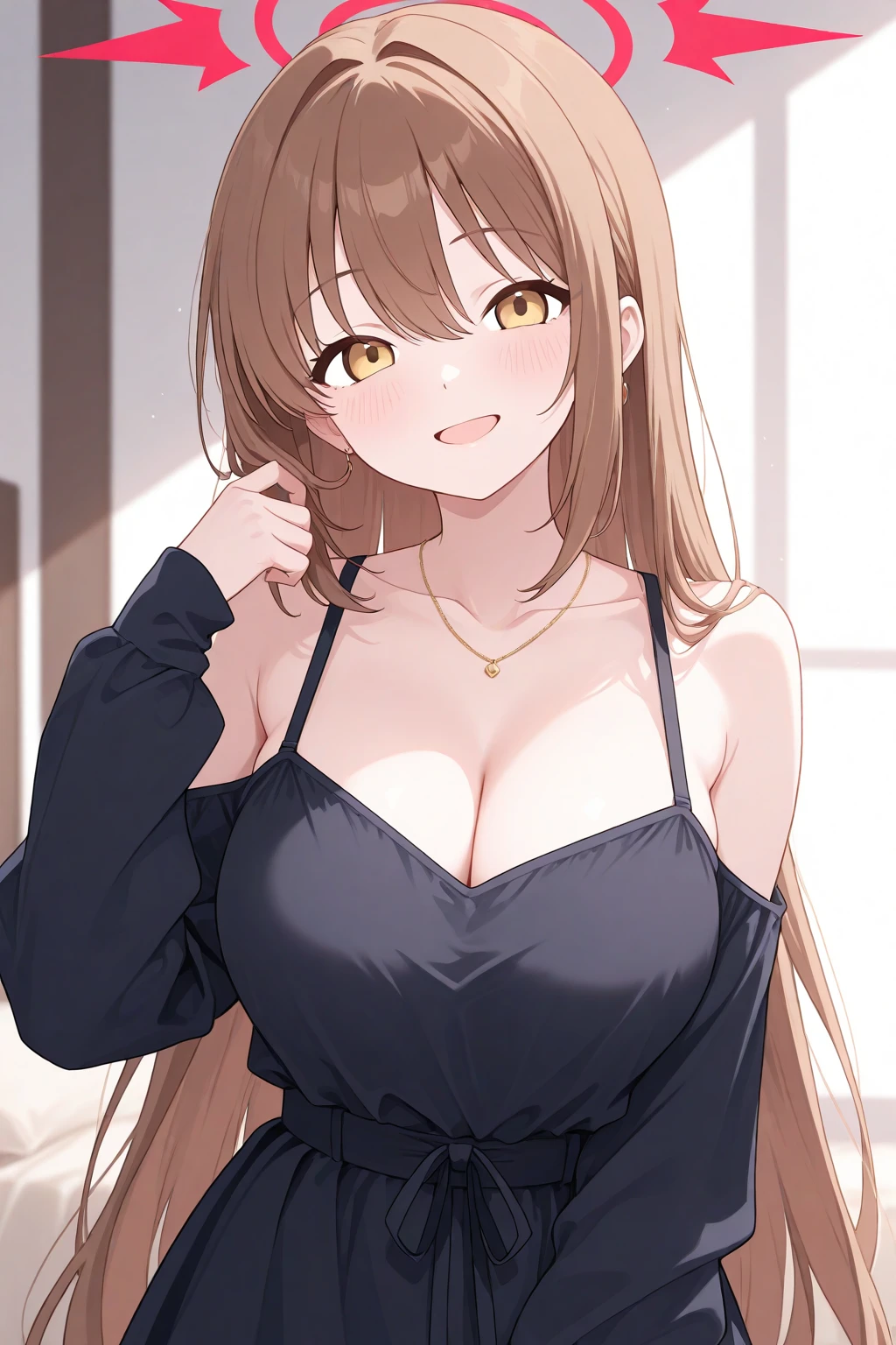 (Best quality:1.3), asuna yuuki, light brown hair, large breasts, tight tank top, cleavage, panties, (pov, close shot), smiling, blushing:1.4, bedroom
