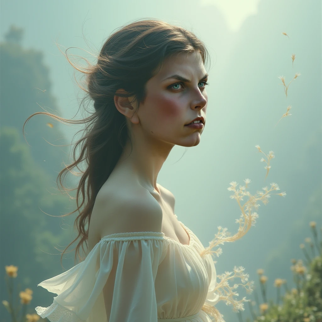 masterpiece, best quality, extremely detailed, hyperrealistic:1.1, photorealistic, a pretty 20s french model, ultra detailed face:1.2, pale skin, red mock neck sleeveless dress, half updo, grass field, forest, black clouds, pillar of lightning, holding long stick, outraged, open mouth, dynamic posing