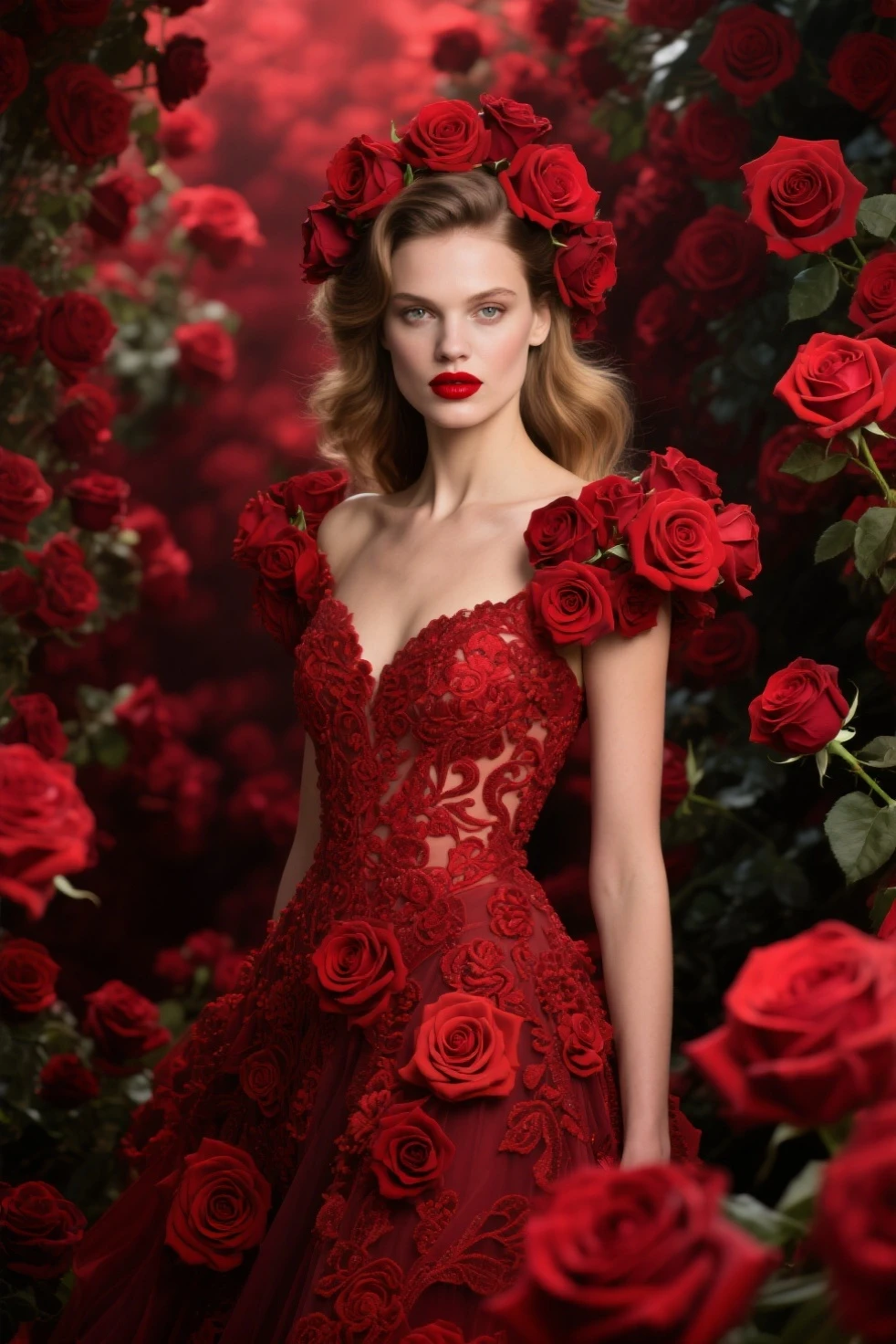 Generate a realistic image of a woman resembling Scarlett Johansson, with her distinctive features and blonde hair styled in soft waves. She is wearing a stunning red-maroon wedding dress with elegant details such as lace or embroidery. The setting is a sophisticated wedding venue with romantic lighting, emphasizing her graceful and radiant presence.