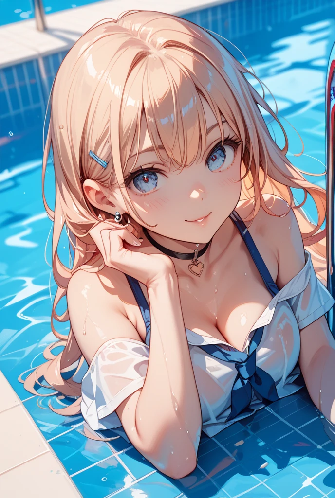 ((masterpiece))、((top-quality)、(Super Detail)、8K、Delicate depictions are filmed in anime style。
(natta)、(Very long hair、Blond hair and bright blue eyes、)(Bring out your forehead:1.2)、Her blue eyes are highlighted。
The overall tone is brighter、she is smiling。appearance々Light-filled night pool, Summer, Bikini with red floral pattern,frilld、 directly in front、 Spiteful smile, Slouched, (sheet of spray:1.1), Floating water droplets,
(((Night Pool))、((Fantastic.))