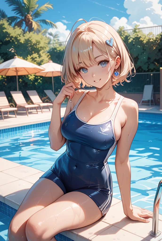 (1 Male), A man who looks like a beautiful 18-year-old girl, Crossdresser, Futanari, Boy, (Large crotch bulge), Silicone Skin, Perky Breasts, alone, Ultra HD, Beautiful face in every detail, (Sit on the ground with your hands back:1.4),  (Spread your legs as far as you can, Get down on one knee:1.4), (lean back), (Large Breasts), (Cleavage), Sunburned skin, smile, (Thin thighs:1.5),(tiny micro bikini swimsuit), Poolサイド, At night, ((Perfect Anatomy:1.2,Realistic:1.3,Raw photo:1.3,masterpiece、Highest quality、Ultra - High resolution、High resolution、Extremely detailed CG、8K)),whole body,alone, Japanese、((Beautiful and exquisite face and eyes:1.2,Big beautiful eyes:1.2)),Blonde,Very beautiful short hair,bangs,Medium chest, Visible nipples, Slender body,Small Head:1.5,skinny,(tan skin:1),(Oily skin,Glowing Skin,Shiny skin,Wet:1.5),(Leotard Swimsuit、clavicle),Pool,Outdoor, Cute way to sit,Stretch your toes,Dynamic Angle, Cinematic Lighting, (Geometric swimsuit)