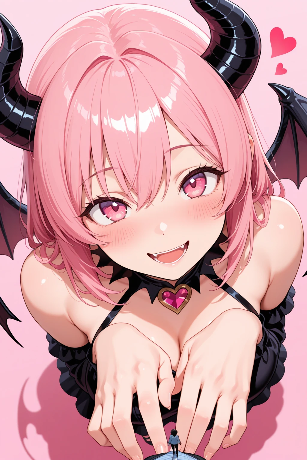 ((Highest quality)), ((masterpiece)), (detailed), (Perfect Face)、The woman is a naked demon queen, Momo Belia Deviluke, wearing a shiny black full-body bodysuit decorated with gold, the sexy female demon, Devil Queen Momo Belia Deviluke、The woman is a female demon with magnificent devil horns, jet black devil wings, and a jet black tail. She is looking at the camera with a happy expression on her face. Her name is Momo Belia Deviluke, and she has pink hair in a short bob and the expression of a girl in love.、The woman is Momo Belia Deviluke