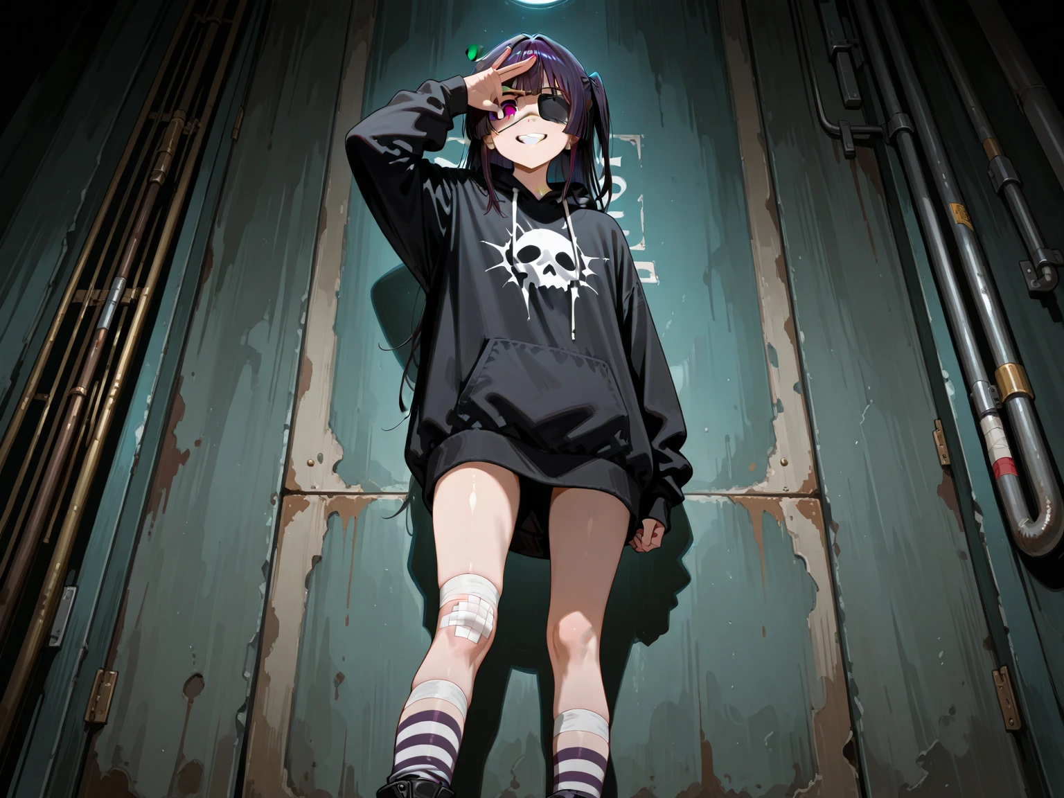 best quality, super fine, detailed eyes, 16k, incredibly absurdres, extremely detailed, emo highschool girl opening the door of her private room to invite you, looking at camera, emotionless expression, punk fashion, long black hair, dark deep eyes, black collar, weird long-sleeves oversized hoodie, full body, dim lights, (magnificent view:1.1)