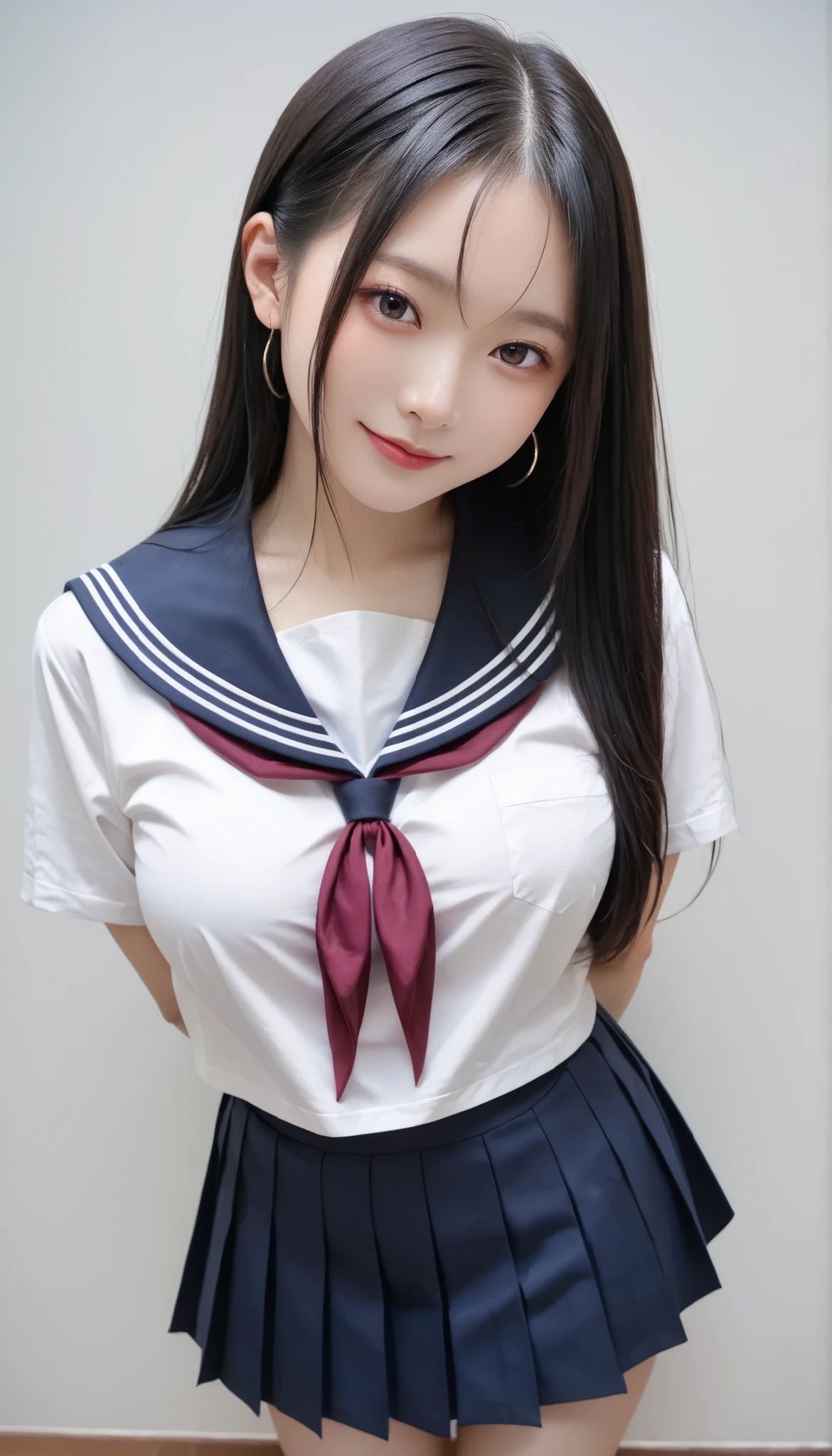 ulzzang-6500-v1.1, (Raw photo:1.2), (Photorealism), Beautiful detailed girl, Very detailed eyes and face, Beautiful detailed eyes, Huge file size, (Big), High Resolution, Very detailed, Best quality, [Masterpiece:1.6], [JK Uniform], Illustration, Very detailed, CG, Fine detail, Best quality, Very detailed CG uniform 8k wallpaper, Movie Lighting, 1 girl, 17 years old, cute Japan high school girl, perfect figure, [wearing white school blouse unbuttoned], large taut breasts, [huge breasts, heavy breasts, H cup: 1.8], cute drooping eyes, beautiful big eyes, white school blouse, bra, sweaty and wet, [sexual arousal: 1.1], lying in bed: 1.5], hands raised, School uniform ribbon around neck, smile, (the whole body is wet), shining eyes