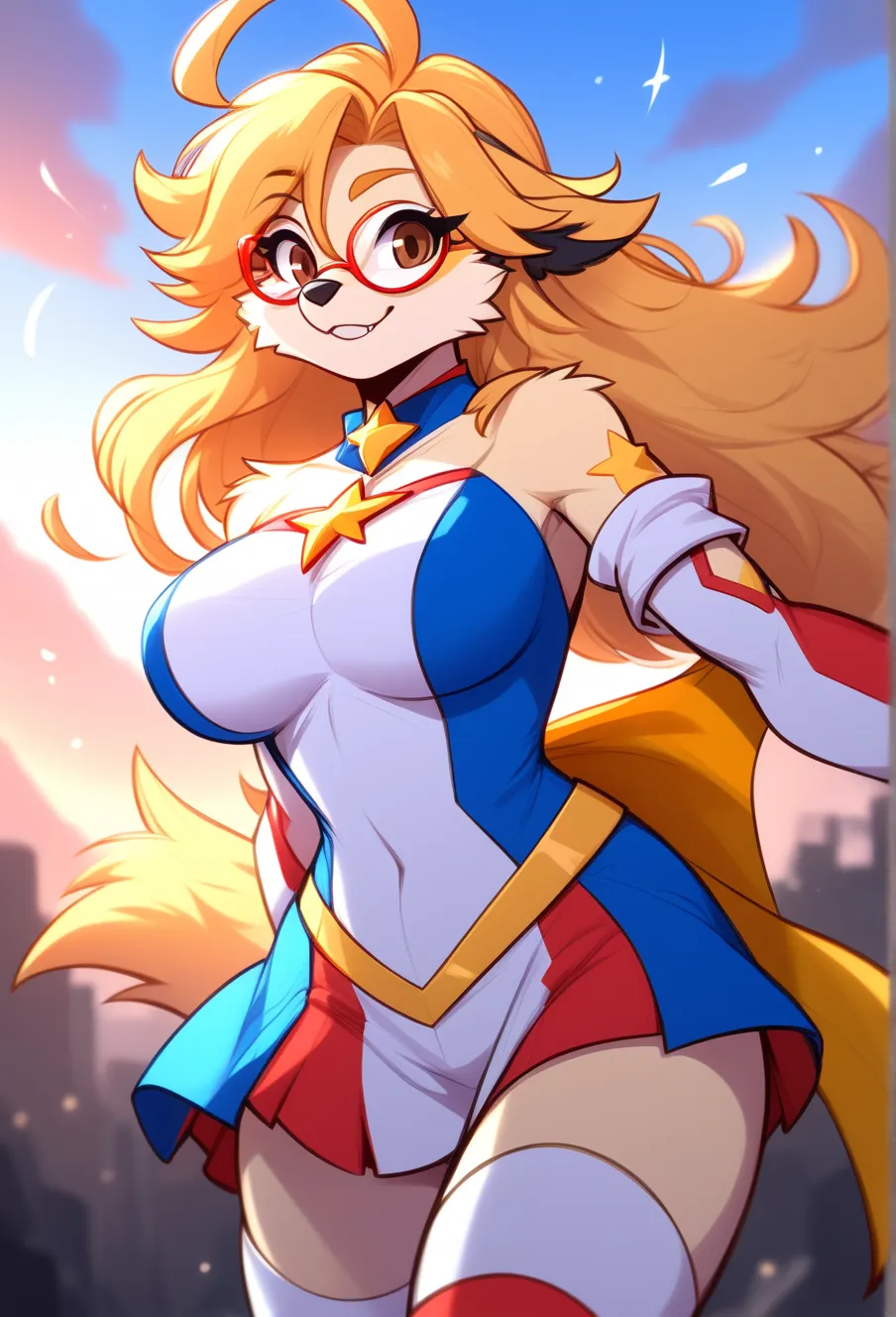 best quality, best resolution, (fluffy anthro furry), golden retriever girl, brown hair, curly hair, dog easr, (light yellow fur), medium breast, thick thighs, (original wonder woman outfit), city