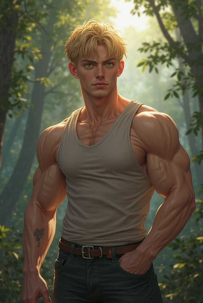 painting of an strong blond man, golden skin in the sun, blue eyes, fleshy lips, in the forest, nude and wet hairy chest, hot and sexy man, inspired by tom of finland, William-Adolphe Bouguereau, Gaston Bussiere, Alphonse Mucha.