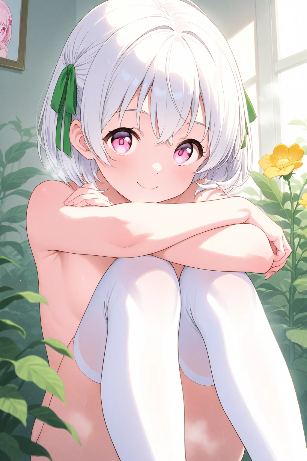 Girl, Naked, breasts are visible, white skin, small breast, white hair, happy face, no bra, no panties, green grass, sexy, lying down, faint smile, undress, shy face