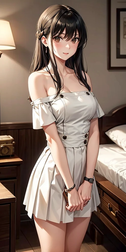 一个女孩Lying in bed,Dressed in suspender pajamas,Face up,Raise your legs slightly,Front view super detailed beautiful big breasted girl 16 years old. Ultra HD, 4K, 8K, Movie,whole body,Lying down,Long legs,Very big breasts,whole body捕捉,(((Lying in bed))),(((whole bodyLying in bed))),big bed,Off-shoulder,Shoulder-length skirt,Lying in bed,Sleeping on the pillow,Lying down,Headrest pillows,(((平Lying in bed))),whole body平Lying in bed,(Long hair),Gray Eyes,Cover your chest with your hands