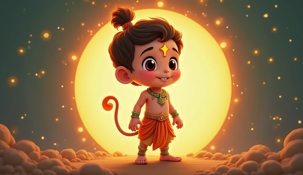 In cenamatic 3d cartoon style "A depiction of Hanuman holding the glowing sun in his hand as a child, symbolizing his incredible strength and power.