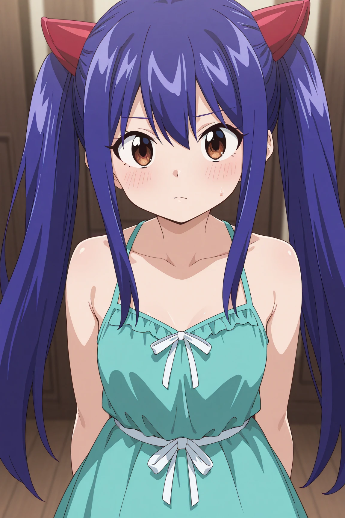 masterpiece, highest quality, High resolution, Arwendy, Long Hair, Twin tails, hair ornaments, Exposing shoulders, bathrobe,Bracelet, bracelet, Outdoor, Are standing, Cowboy Shot, smile,