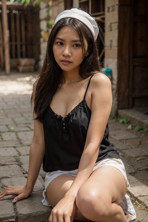 A 25-year-old Oaxacan woman poses for a portrait. Tiene la piel morena, cabello negro y ojos marrones. Lleva un vestido. She's sitting on a bench.. . "una toma de primer plano". Puedes especificar la mujer.'facial expression, Por ejemplo, "A thoughtful expression"."