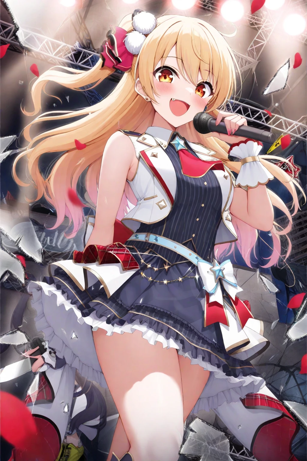 otonose_kanade, hololive, 1girl, solo,
blonde_hair, long_hair, red_eyes, side_ponytail,
cute,
looking_at_viewer, :d,
thighs, school_uniform, shite_shirt, skirt,
stage, stage_lights, stage_curtains,