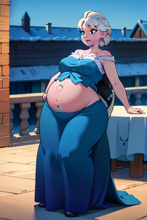 Sexy Hawaiian Girl, beautiful, Large Breasts, beautiful, Bright blue hair, Round Cut, Her blue eyes, She wears a white shirt, Showing your belly button, Long blue skirt. Huge Pregnancy