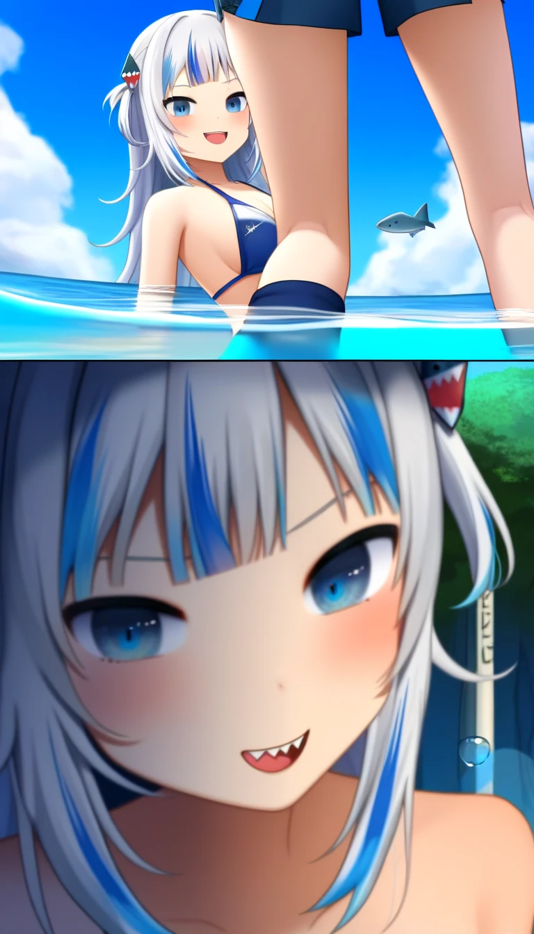 anime、Vibrant colors、In the water、Uplifting、A beautiful woman swimming in the ocean at 100km per hour、20 years old、Long Hair、Calm、Bright eyes、Sparkling eyes、Large Breasts、An innocent smile、10 cute penguins、100 vibrant tropical fish、1000 glittering particles