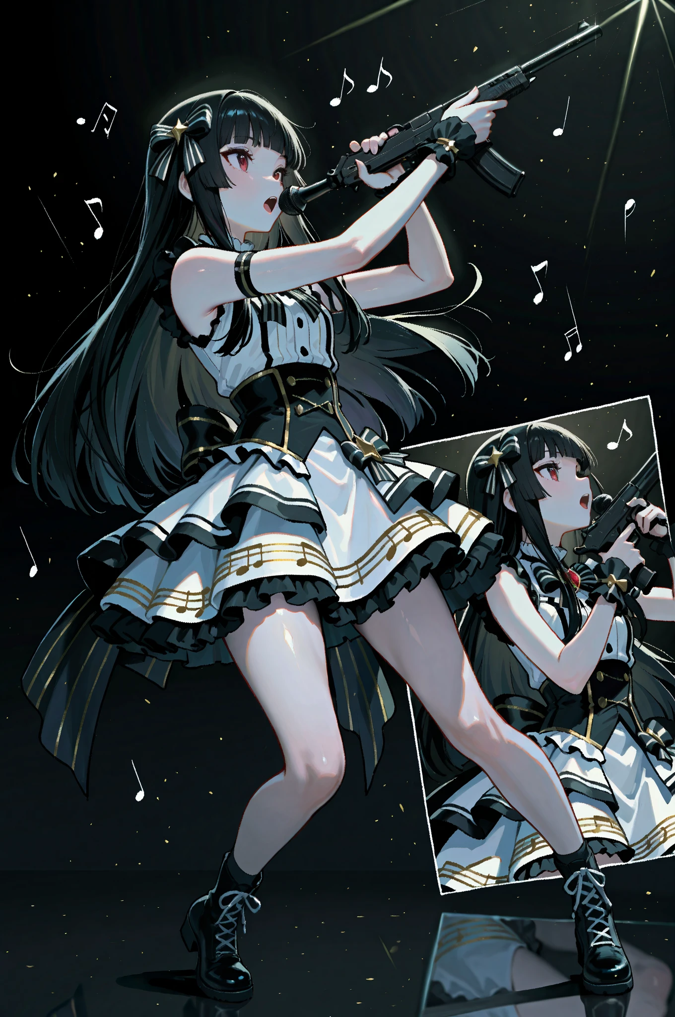 high resolution。High resolution、Low - Angle、masterpiece、Beautiful black-haired girl、17 years old、Round eyes、Playing the Trumpet、White sleeveless。miniskirt and knee socks。sweating、high resolution8K