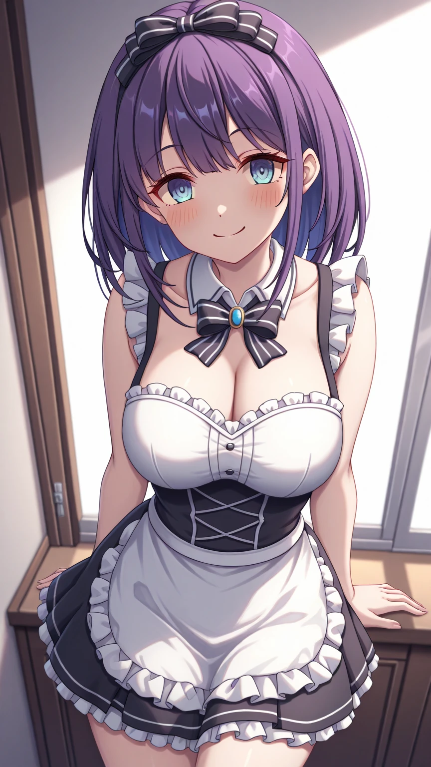1girl, absurdres, black bow, black gloves, black legwear, blue eyes, blue hair, bow, collarbone, dress, drill hair, frilled dress, frills, gloves, gwen \(league of legends\), hair ornament, highres, league of legends, long hair, parted lips, puffy sleeves, pink pupils, smile, solo, white dress, x, x hair ornament,large breasts, indoors,half_naked