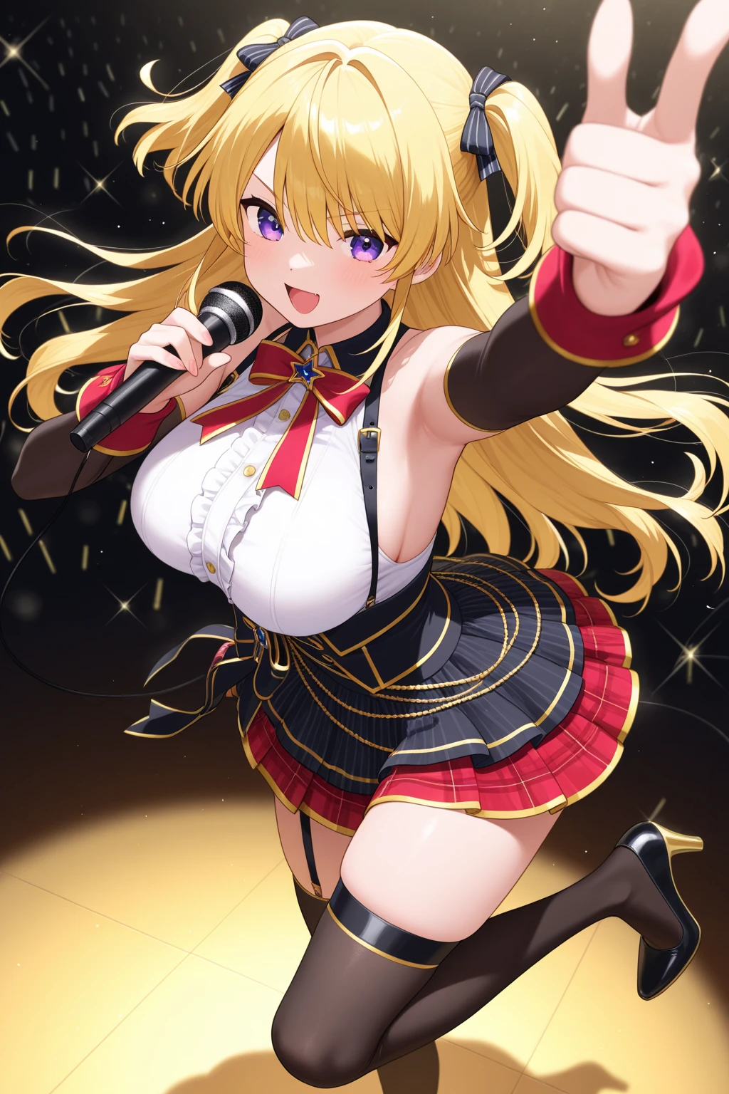 best quality, intricate detailasterpiece:1.2, best quality:1.2, beautiful, high quality, highres:1.1, aesthetic), detailed, extremely detailed, ambient soft lighting, 4K, perfect eyes, perfect face, perfect lighting, 1girl, solo, huge breasts, huge ass, huge thighs, narrow waist, wide hips, thick thighs, curvy, Oshinoko drawing, standing, looking at viewer, Ruby Hoshino, focus on beautiful women, perfect beautiful female solo, solo woman, long, golden hair, beautiful face, perfect hands, red starry eyes, tight shirt, skirt, detailed lighting, idol, gloves, tongue out, tongue, long hair, star \(symbol\), looking at viewer, hair ornament, :p, symbol-shaped pupils, hands up,hands in the air, jumping, mini skirt, (exposed midriff,) (underboob,) bouncing breasts, collar, blushing,sweating, (breathing hard), (panting), anime, farm, smile, huge ass, huge breasts, huge thighs, narrow waist, wide hips, thick thighs, curvy, bangs, one side up, star-shaped pupils, on stage,