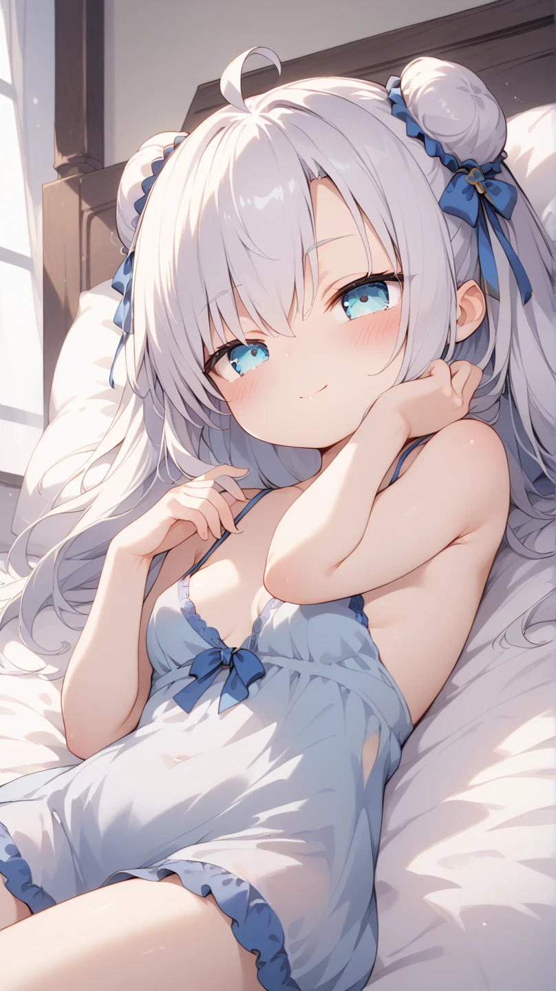 wht1,Lying down,bed,smile,Blushing,顔をクローズアップ,Masterpiece