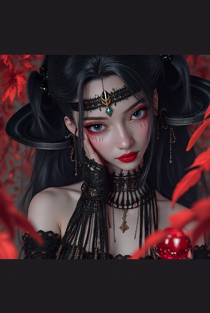 quality(8k wallpaper of extremely detailed CG unit, masterpiece, hight resolution, top-quality, top-quality real texture skin,hyper realisitic, digitial painting,increase the resolution,RAW photos,best qualtiy,highly detailed,the wallpaper),BREAK,8K, anime -style art , full face, mixed color eyes, black makeup, very white skin, metalic black hair long, jewelry, tattoos, toxic mask , red eyes, black dress, front shot , white background, Chibi