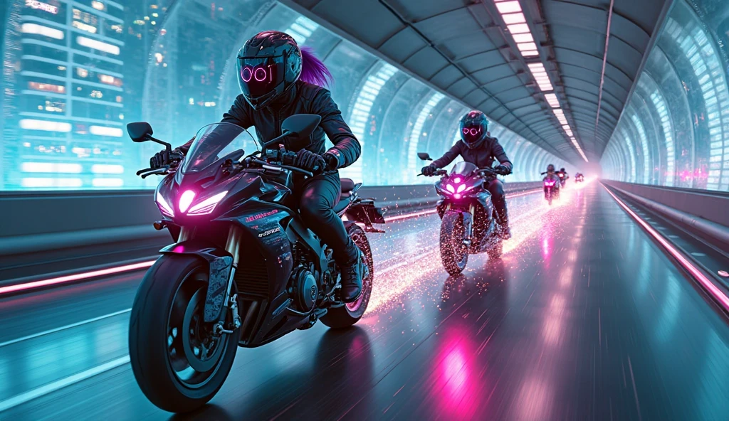Two cyberpunk females, clad in sleek leather gear, confidently stand on the edge of a bustling street. Their reflective goggles shield their eyes from the vibrant neon lights that illuminate the gritty cityscape around them. A high-tech electric motorcycle, its chassis glowing with an otherworldly luminescence, is parked between them. The rain-soaked asphalt reflected the dynamic play of colors from the neon signs, casting intricate patterns upon their weathered leather jackets. The shimmering lights contrasted against the grunge and roughness of the urban environment, creating a unique blend of high-tech futurism and raw grit. The