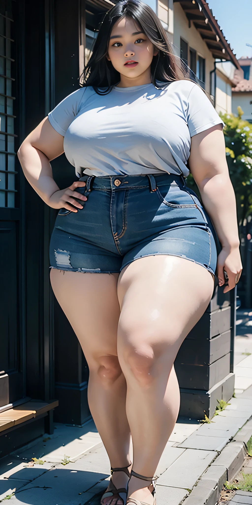 ((best quality)), ((masterpiece)), (detailed), malay woman, perfect face, araffe woman in a dark-blue shirt and blue denim skirt walking down a street, thicc, she has a jiggly fat round belly, bbwchan, wearing tight simple clothes, skinny waist and thick hips, widest hips, her belly is fat and round, soft curvy shape, hyperrealistic full figure, wearing a cute top, wide hips