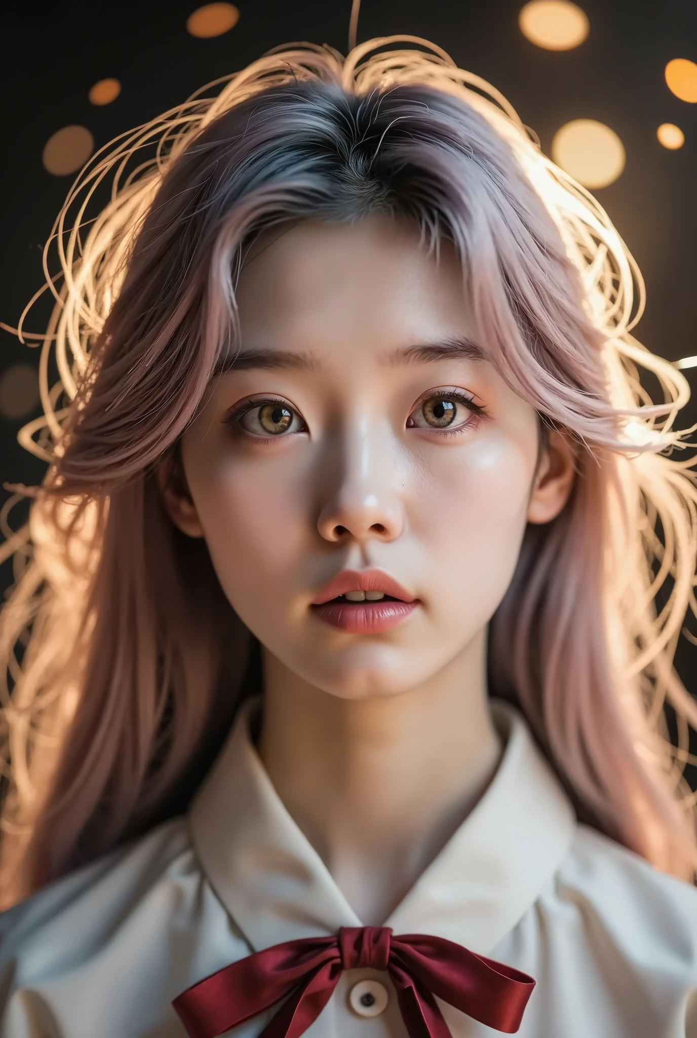 hauntingly beautiful Korean woman with delicate, doll-like features, large expressive eyes with a distant, eerie gaze, porcelain skin with a soft blush, long straight pastel-pink hair flowing gently, faintly glowing under warm ambient lighting, dressed in a traditional-inspired outfit with subtle modern touches, soft red bows and a velvet choker at her neck. she stands against a golden glowing background, surrounded by floating particles and faint mist, cinematic close-up portrait, shallow depth of field, soft glowing bokeh, symmetrical composition, dreamlike and ethereal atmosphere, beauty tinged with sadness, elegant and mysterious spirit energy