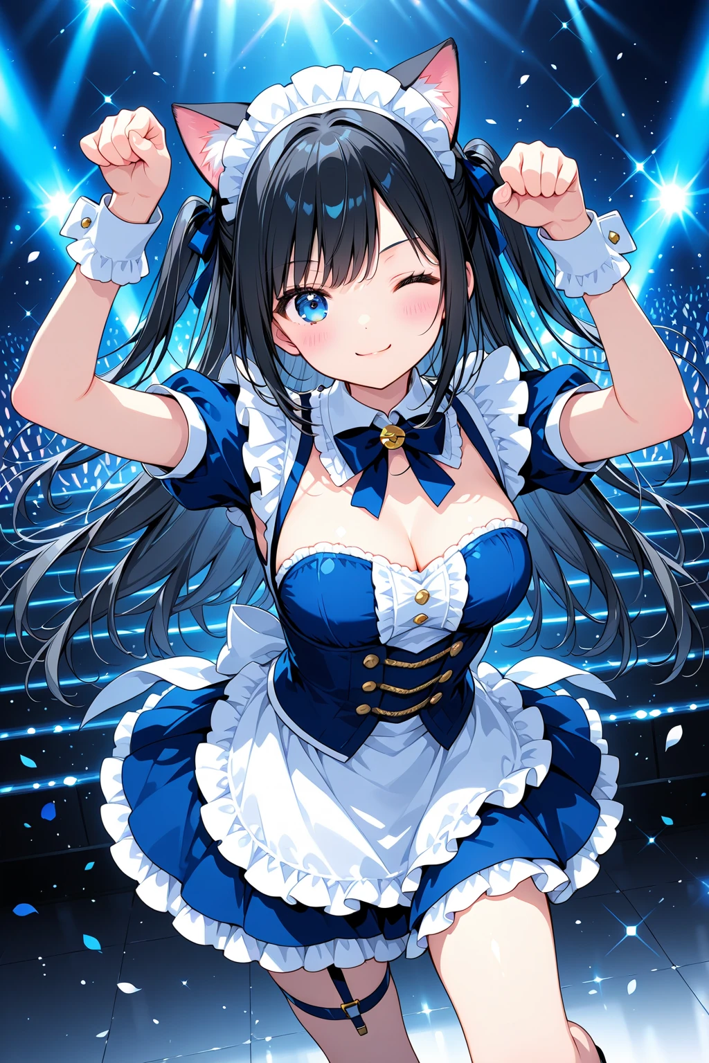 Sagisawa Fumika, 1 Girl, Solitary, watch, pendant watch, blue eyes, breast, Gloves, Headdress, skirt, long hair, cleveage, looking at the audience, white Gloves, Bare shoulders, open mouth, large breast, Strapless, Necklace, blush, white skirt, Black Hair, brown hair, Hair between the eyes, Strapless skirt, clavicle, Smile, Bangs, on stage,