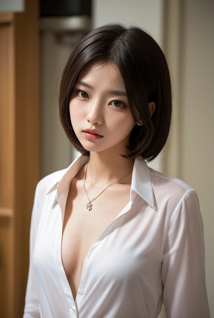 a close up of a woman with a white shirt and a brown chair, gorgeous young korean woman, beautiful south korean woman, korean girl, cleavage, beautiful asian girl, sexy look at the camera, highly realistic. live cam, beautiful young korean woman, with short hair, young and cute girl, she has a cute face, thick neck,
