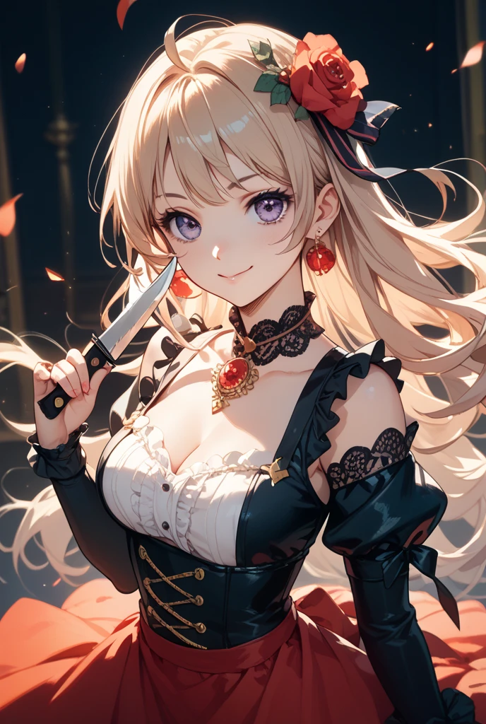 One girl、A little sexy、Blonde、Red sparkling eyes、detailed cute eyes,(glowing eyes:1.4),laugh heartily,((Droopy eyeedium Curl Hair、Dog ears、pearls choker,(corset top:1.4),choker,mini skirt,thighs