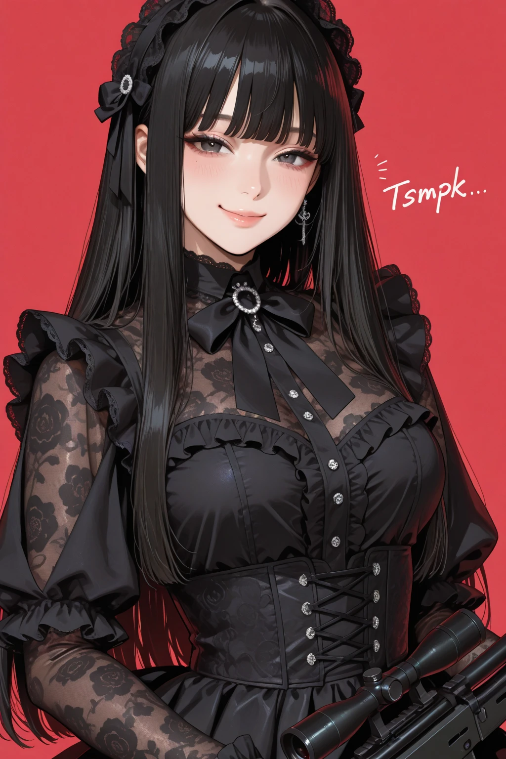 ((blood droplets)), ((blood)), ((blood splatter)), ((blood on clothes)), ((blood stain)), Masterpiece, Beautiful art, professional artist, 8k, tired expression, showing teeth slightly, very detailed face, Detailed clothing, detailed fabric, 1 girl, View from above, lying on the ground, BIG BREASTS, perfectly drawn body, , pale skin, tired expression, beautiful face, long black hair, 4k eyes, very detailed eyes, pink cheeks, choker:1.6, (white long sleeve button down shirt with white collar), black gloves, gloves that cover hands, (black leather corset), (shiny black leggings), Sensual Lips, show details in the eyes, dark forest, Atmosphere, fog, At night