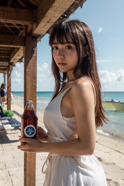 Hybots Hybrid nft style drinking coconut water while holding a board with a beach landscape