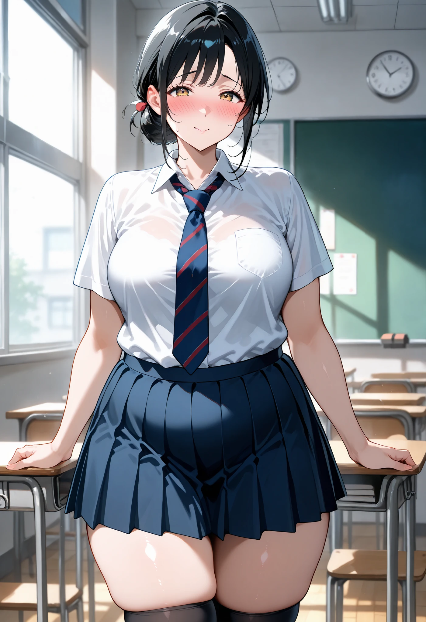 detailed face , detailed body rendering , alone、 masterpiece , high quality of wavy lines , 8k,fat thighs , shiny skin, chubby 最 high quality of wavy lines , high quality of wavy lines , very sophisticated , black hair,short hair,,(blouse,tie,skirt ),blush, medium breasts, overweight Body , , thigh high socks,( class with my pen crotch), , Classroom,school uniform, troubled face, tall, adult, mature,