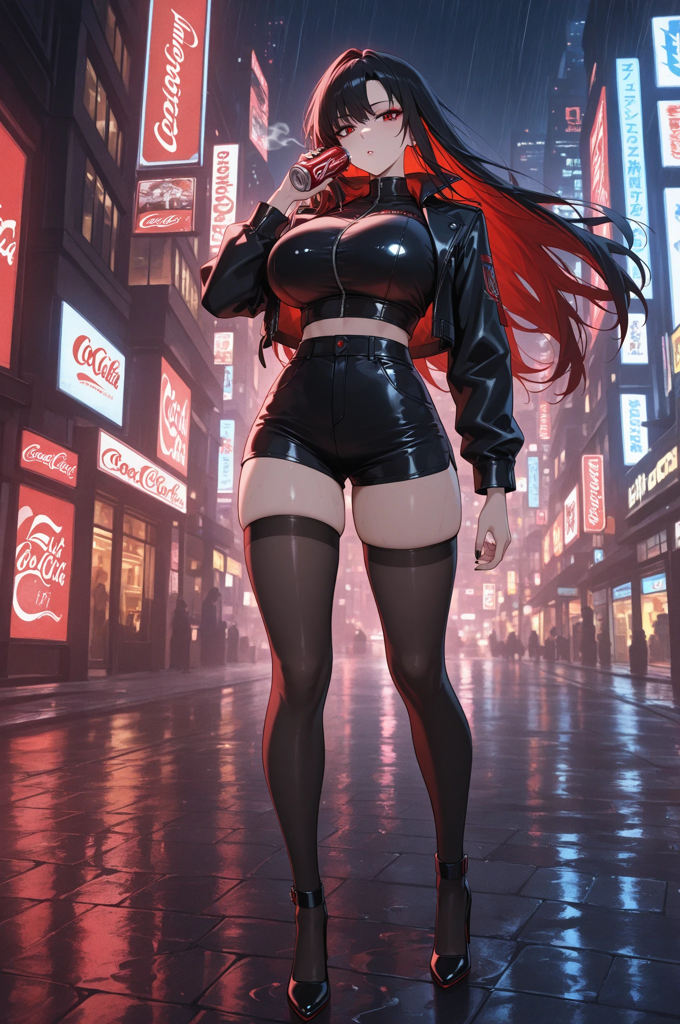 8k,UHD,Top-quality,Ultra high definition 8K illustration wallpaper,Super high resolution,Masterpiece,Intricately detailed,Blurry background,Depth of field,Tonemapping,Sharp focus,Trending on Artstation,Looking at viewer,Dynamic angle,Full body,Musician,Guitarist,Cool girl,1girl,Solo,Gigantic breasts,Guitar,Pink glowing red hair,Very long ponytail,Stinking eyes,Black eyes,Sharp eyes,Black leather hooded jacket,Denim shorts,Black thighhighs,Fishnet tights,Open clothes,Vivid red bikini,Mechanical Boots,Outdoors,City