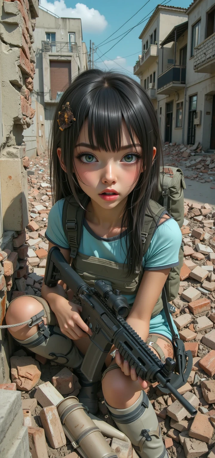 cinematic still, filmed by Guillermo del Toro, close-up shot of a small girl sat in the ruins of a destroyed city. By her side is a battle scarred warrior android epic, awesome --auto