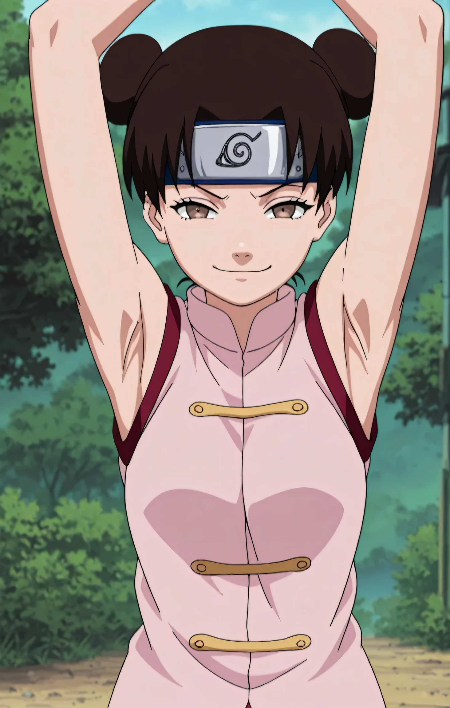 masterpiece, best quality, amazing quality, anime screencap, anime coloring, 1girl, solo, ytenten, brown eyes, brown hair, short hair, double bun, small breasts, forehead protector, konohagakure symbol, bare shoulders, sleeveless shirt, arms up, raised arms, armpits, armpits focus, head towards viewer, looking at viewer, direct eye contact, evil smile, smug, half-closed eyes, closed mouth, confident, outdoors, curious