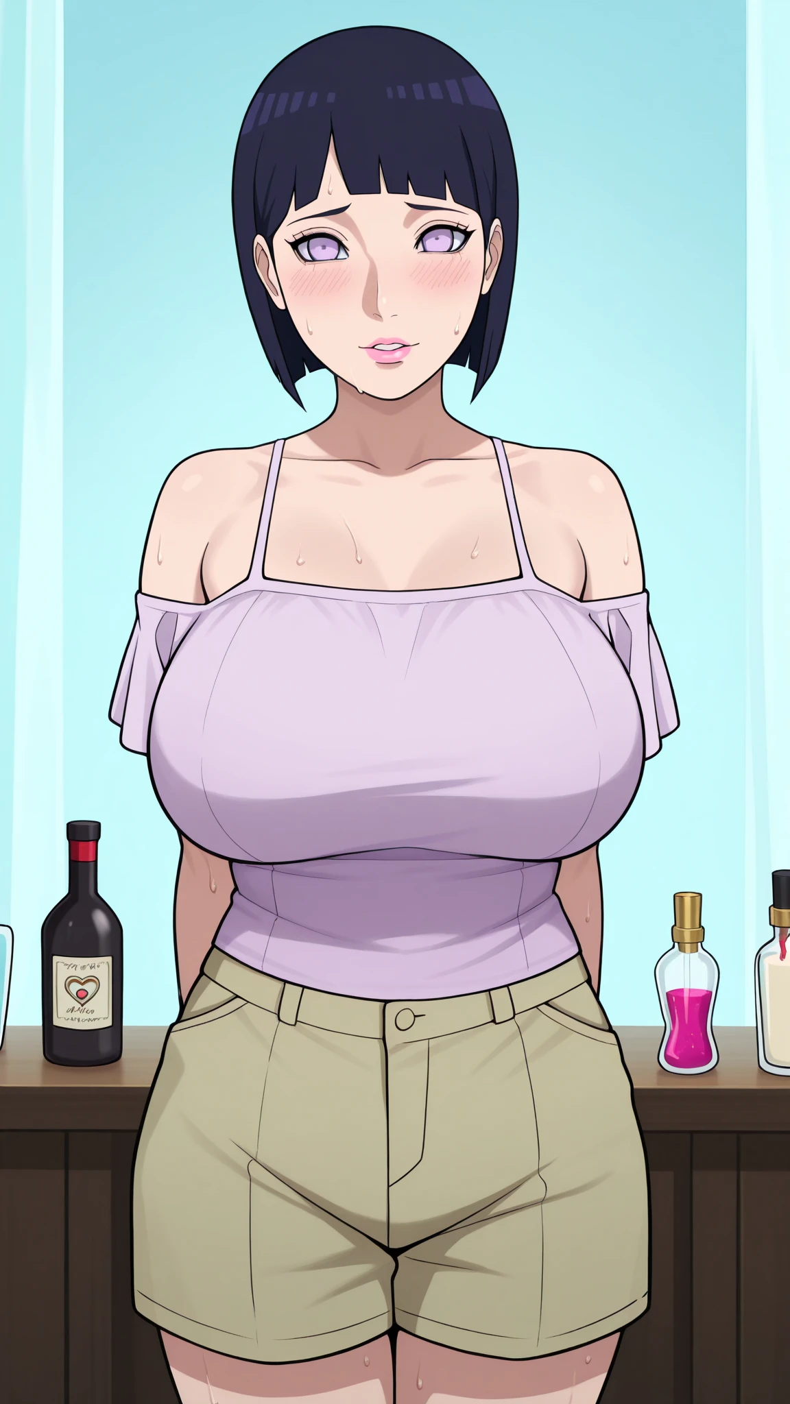standing, solo, hinata\(boruto\), 1girl, mature female, completely naked, shopping mall, public place, showing naked breasts nipples and pussy, no shirt, showing off), sideboob, large breasts, areola slip, cleavage, leaning forward, hanging breasts, curvy, standing, hands behind her back pose, looking at viewer, blush, parted lips, light smile, short hair