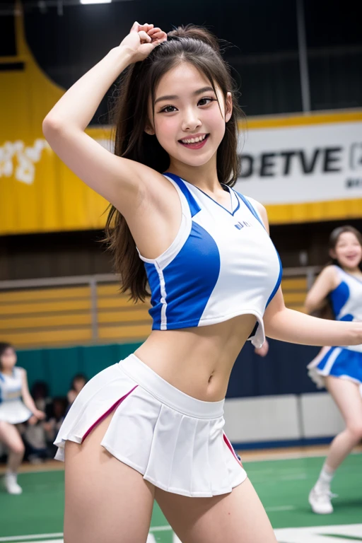 (((highest quality、8K、photo-realistic:1.4、masterpiece)))、Backlight、Woman with highly detailed facial texture、18-year-old、(((pink cheerleader:1.2)))、((stadium background:1.2))、with arms raised、laughter、lusterのあるpink hairと短い髪型,,,,,,,pink hair。divided sleeves, bare shoulders, central opening, cleavage, central chest、ribbon。peach hair。pink hair。short hair。squat。show me your pants。Panty shot。red underwear。redpanties。open your legs。lower chest。open your legs。lustery panties。luster々panties。smile。sitting yankee。Sitting on poop。spread legs。squat騎乗位、vagina、